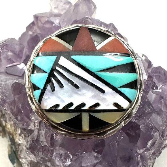 C.C. Booqua Native Zuni Mother of Pearl Red Coral Jet Inlay Pendant and Brooch - Picture 1 of 16